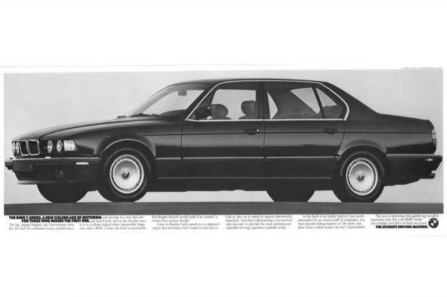 Black BMW 7 Series car ad.  Text: The BMW 7-series.  A new golden age of motoring for those who missed the first one. 