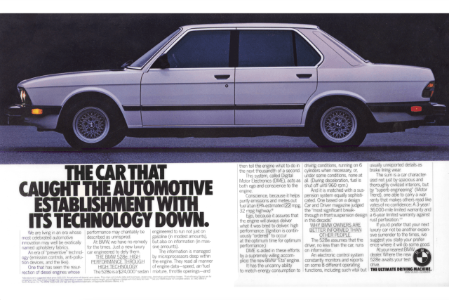 BMW The Ultimate Driving Machine Ad featuring a silver BMW car.  Text: The Car that caught the automative establishment with its technology down. 