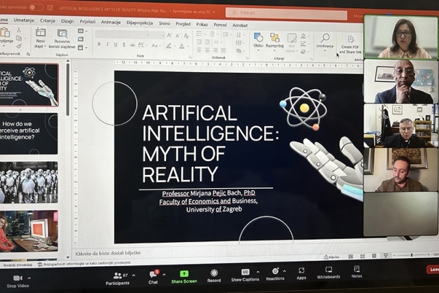 Artificial Intelligence Myth of Reality Powerpoint Presentation Slide with windows on the right showing the presenters faces