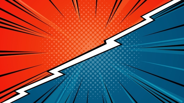Red and blue cartoon-like background with white lightening bolt design running diagonally down the center.