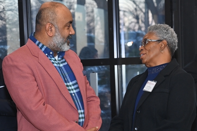 Woman and man talking 