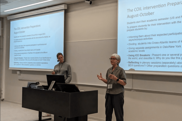 Heidi Upton giving a presentation in from of projector screens