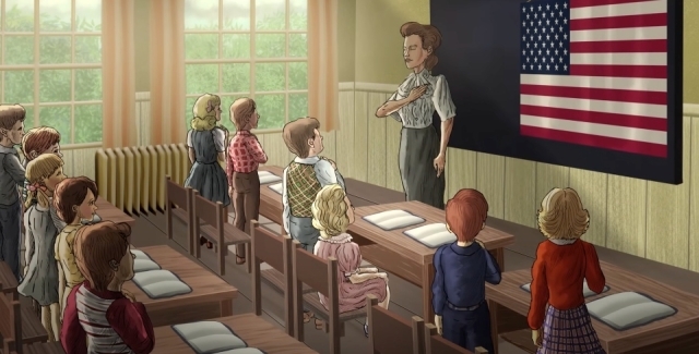 Teacher and students reciting pledge in a classroom.