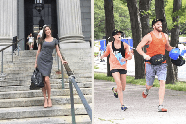 A collage of Brooke Camhi standing outside of a courthouse and running to the finish line in the Amazing Race.