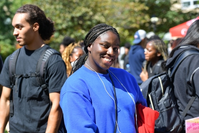 Female student wearing blue sweatshirt