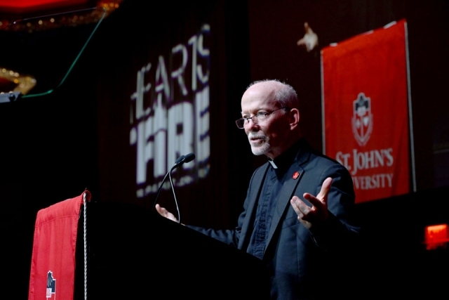 Inset image of Fr. Shanley speaking at podium