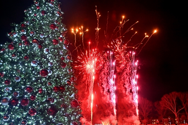 Fireworks appearing next to the Great Lawn Christmas tree