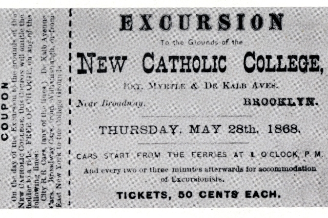 A ticket for the "Excursion to the Grounds of the New Catholic College