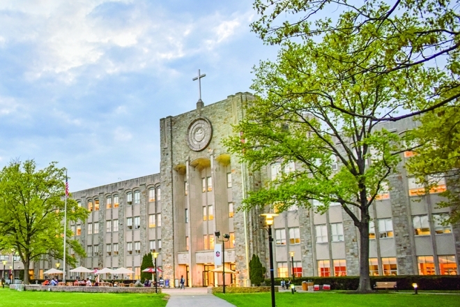 campus building in springtime