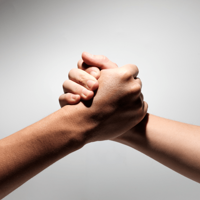 Two diverse hands clasp together, symbolizing reconciliation and unity.