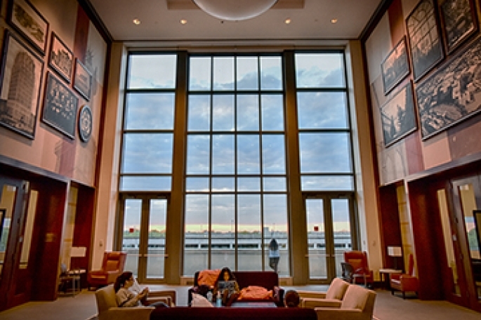 Windows overlooking athletics fields