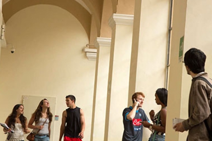 Hallway with students walking and talking