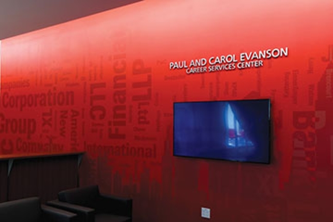 Paul and Carol Evanson Career Services Center with monitor on the wall