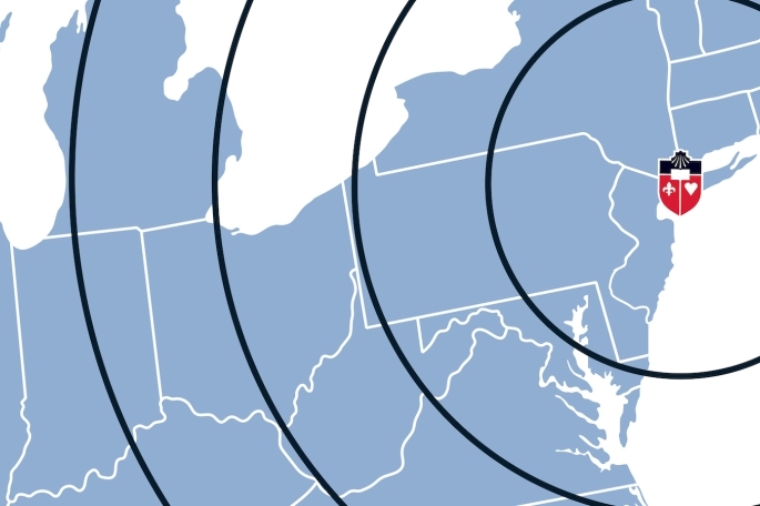 Map with St. John's Logo over our campus location