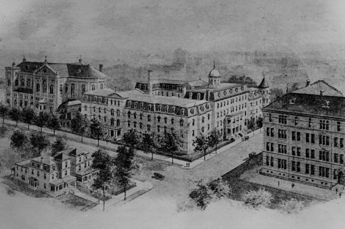 Black and White drawing of Lewis Avenue Campus in Brooklyn
