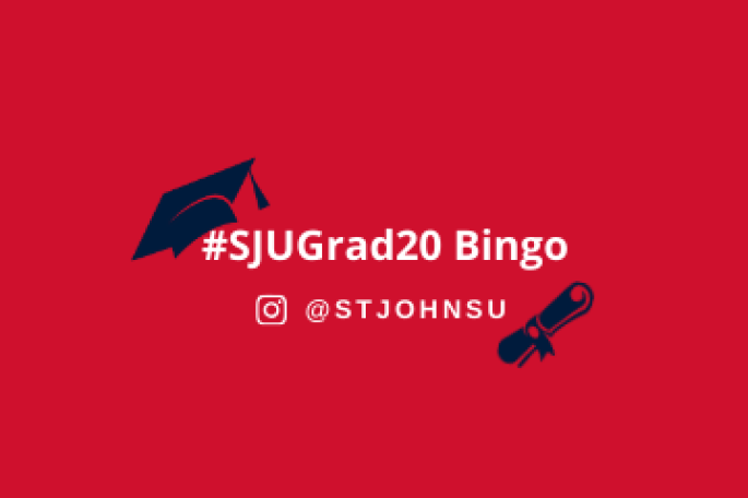 Instagram Bingo Challenge graphic with commencement cap and scroll. Text: #SJUGrad20 Bingo @StJohnsU