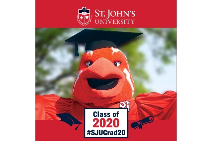 Johnny Thunderbird in graduation cap surrounded by cap and gown. Text: Class of 2020 #SJUGrad20