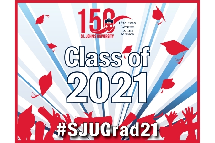 St John's Logo Text: Class of 2021 #SJUGrad21