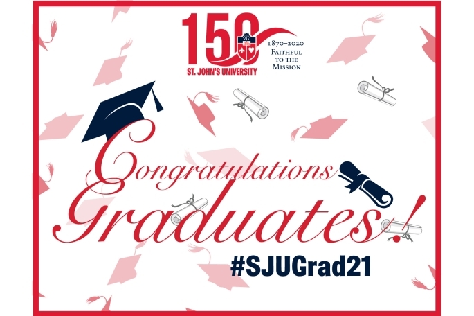 Graduation cap and scrolls scattered throughout background with St. John's University Logo Text: Congratulations Graduates!  #SJUGrad21