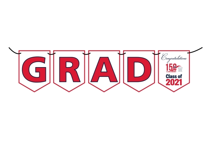 Hanging Banner with St. John's University Logo Text: GRAD Congratulations Class of 2021