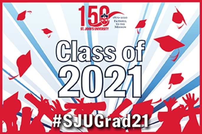 Class of 2021 #SJUGrad21 Rays with graduation caps flying up
