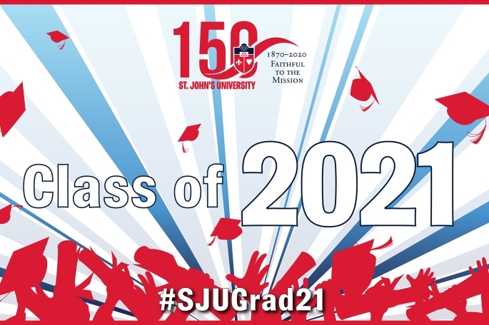 Class of 2021 #SJUGrad21 Blue Rays featuring commencement caps and scrolls