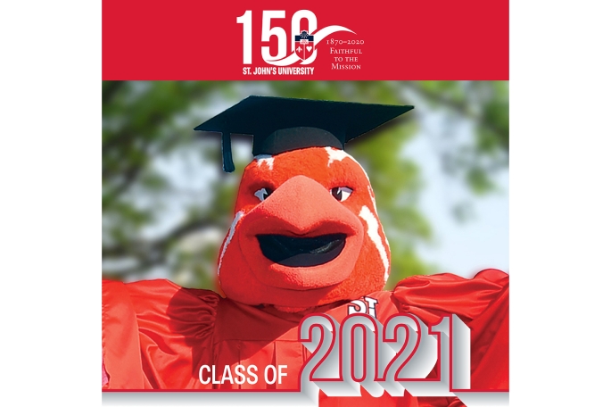 Class of 2021 Facebook Frame featuring Johnny Thunderbird, St. John's University logo and Class of 2021