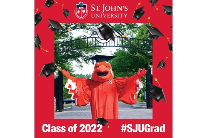 Commencement Cap toss featuring Johnny Thunderbird. St. John's University Logo, Class of 2022, #SJUGrad