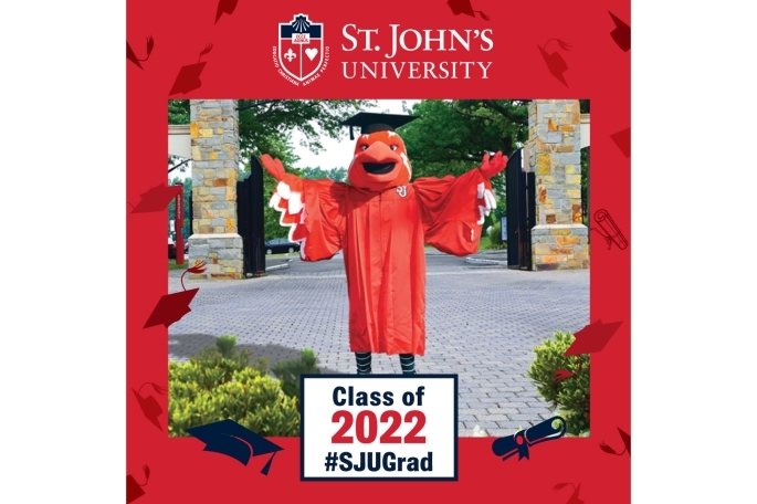 Red Border Frame St. John's University Logo featuring Johnny Thunderbird and #SJUGrad