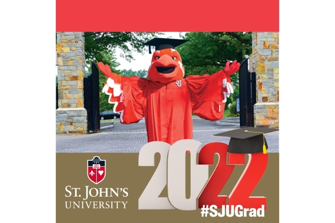 St. John's University Logo with Johnny Thunderbird in commencement gear #SJUGrad 2022