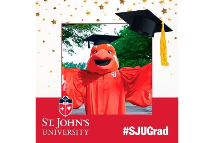 St. John's University Logo with #SJUGrad featuring Johnny thunderbird in commencement gear