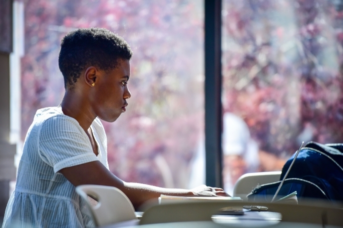 Female student working on laptop inside building