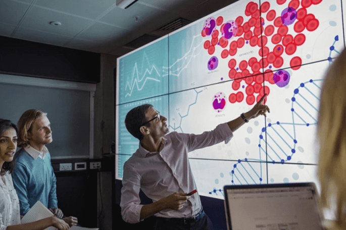 Male faculty member pointing at screen while students look on