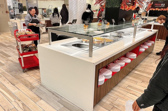 Inside Montgoris Dining Hall with serving area of international cuisine