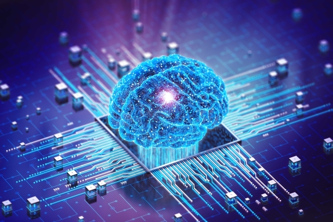 Graphic of a brain connected to computer hardware
