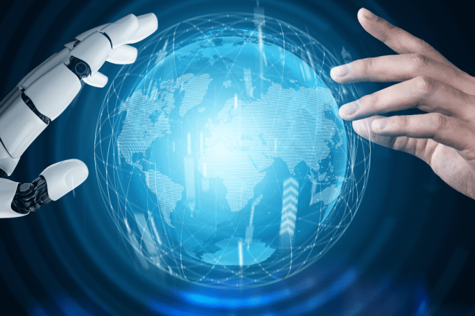 Robot and Human Interacting with a bright globe