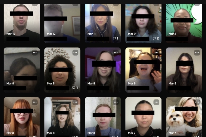 Screenshot of faces on Zoom call with eyes covered
