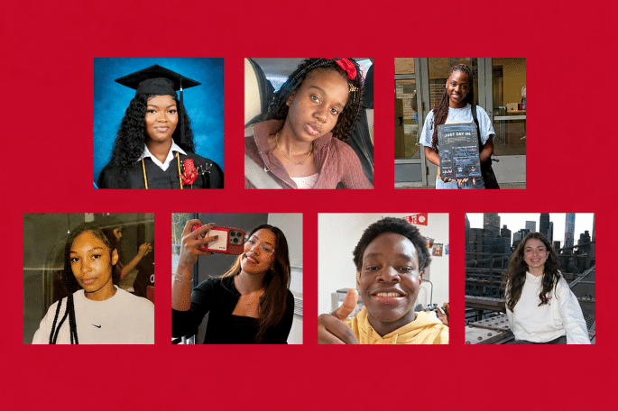 Seven international student headshots on red background