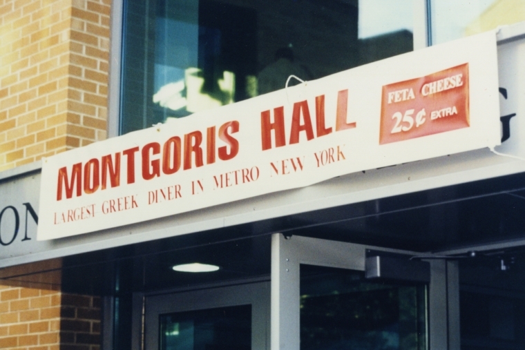 Montgoris Dining Hall in 2000 with banner Largest Greek Diner in Metro New York Feta Cheese 25 cents extra