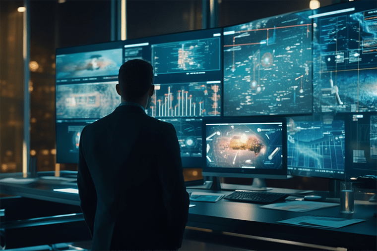 Man looking at a variety of monitors showing graphics