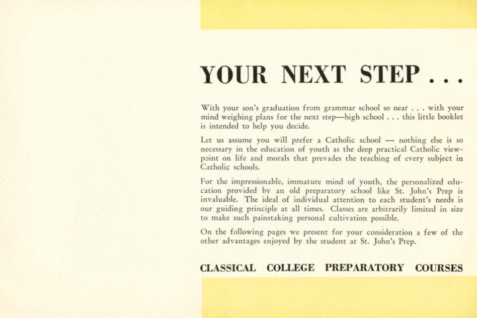 Page from an advertising brochure for St. John’s Prep, c.1930.