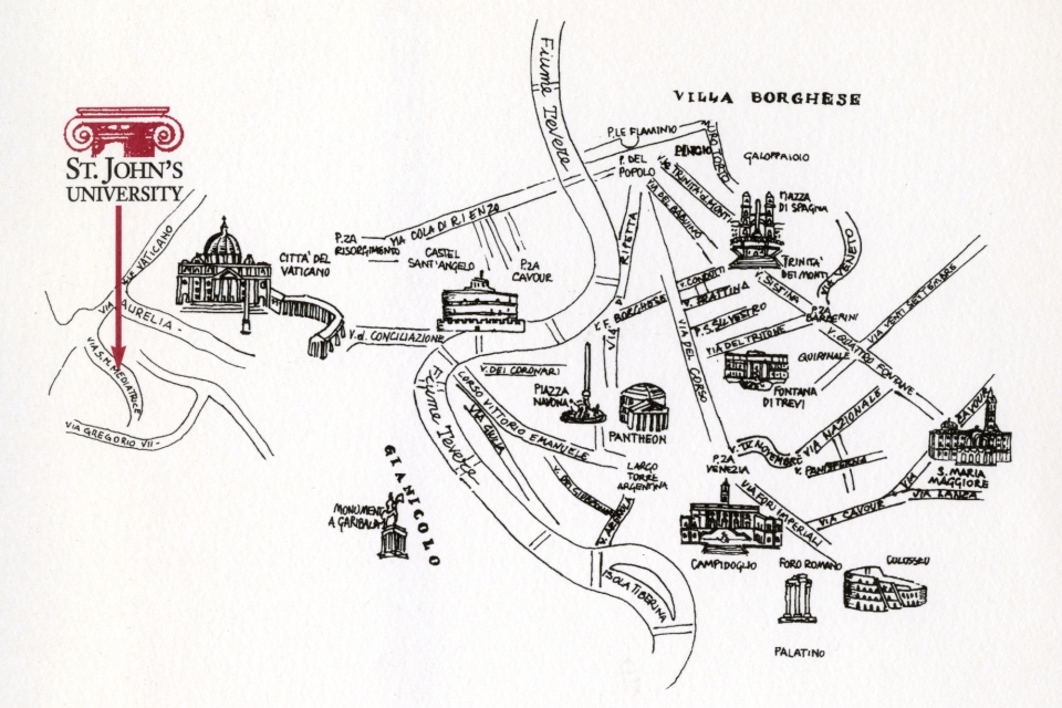 Line drawing map of Rome, Italy, with an arrow pointing to the location of the first Rome campus on Via Santa Maria Mediatrice 24.