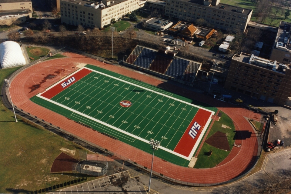 An aerial view of St. John's Athletic Stadium, named DaSilva Memorial Field, in 1996. 