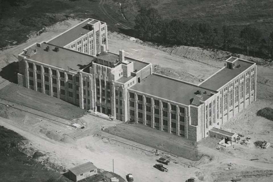 An aerial view of St. John Hall under construction.