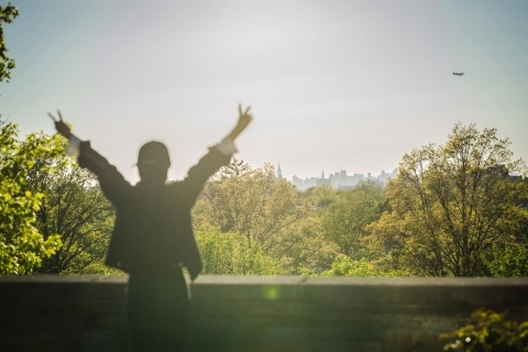 Student hands in air