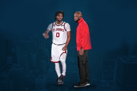 Mike Anderson and Posh Alexander over blue background of NYC