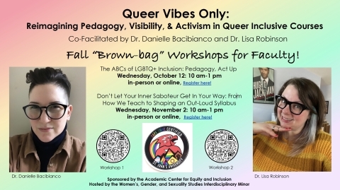 The ABCs of LGBTQ+ Inclusion: Pedagogy, Act Up Wednesday, October 12: 10 a.m.-1 p.m. in-person or online, Register here!  Don’t Let Your Inner Saboteur Get In Your Way: From How We Teach to Shaping an Out-Loud Syllabus Wednesday, November 2: 10 a.m.-1 p.m., in-person or online, Register here!