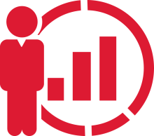 Graphic person standing next to bar chart
