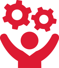 Graphic person holding arms up with two gears above it