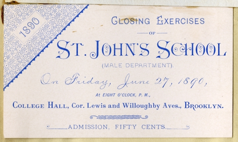 Program and Admission Ticket for the Closing Exercises of St. John’s School, Male Department, 1890